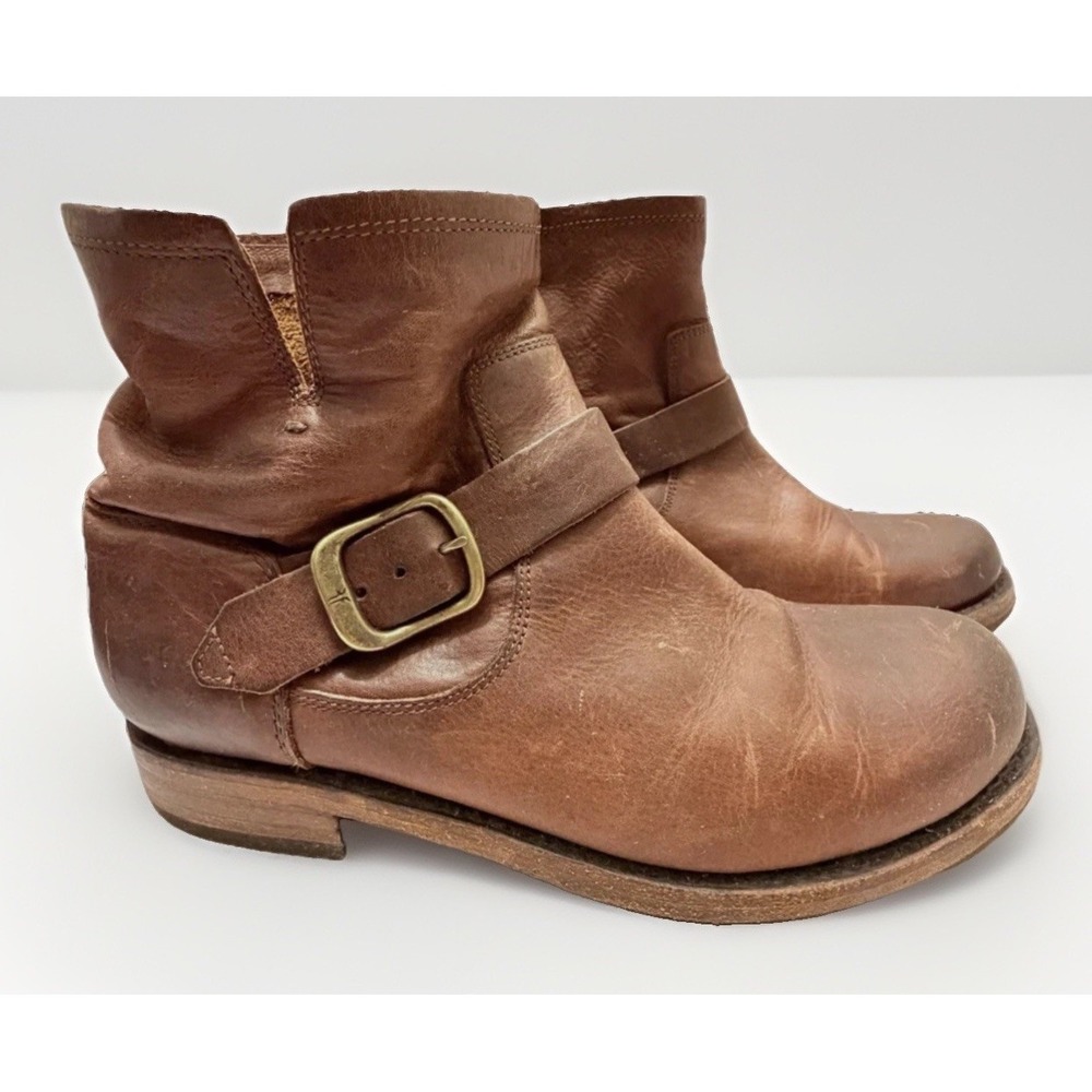 FRYE Boots Brown Leather Harness Biker Ankle Slouch Boots 8.5 B Cowgirl Retro